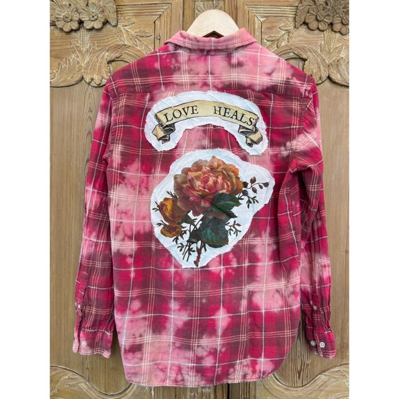 Love Heals Rose Patch Distressed Flannel Shirt Small - Picture 5 of 7